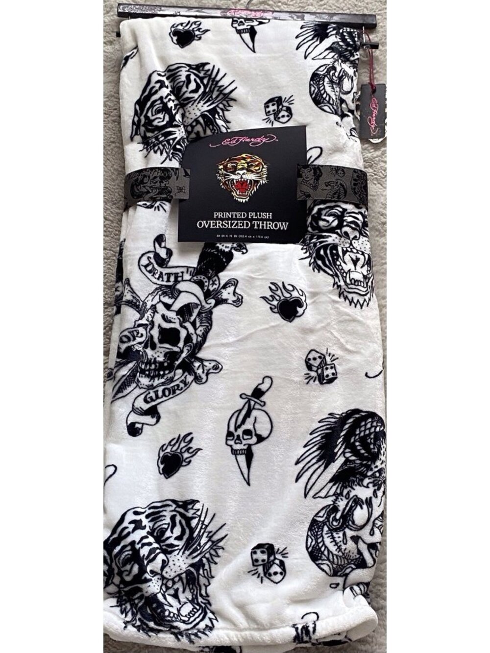 Ed Hardy Tattoo Printed Plush Oversized Throw Blanket Tiger Skull Dice White NEW